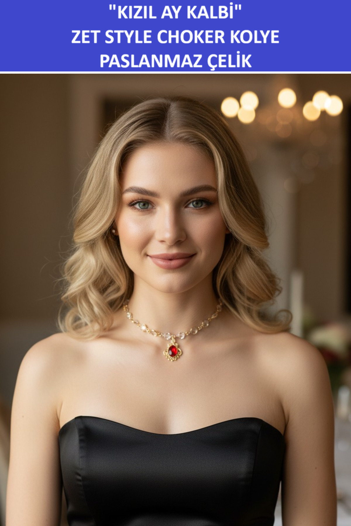 Zet Style ““Kızıl Ay Kalbi – Mistik Kristal Choker” Paslanmaz Çelik Kolye - Muhteşem bir Hediye - Görsel 4