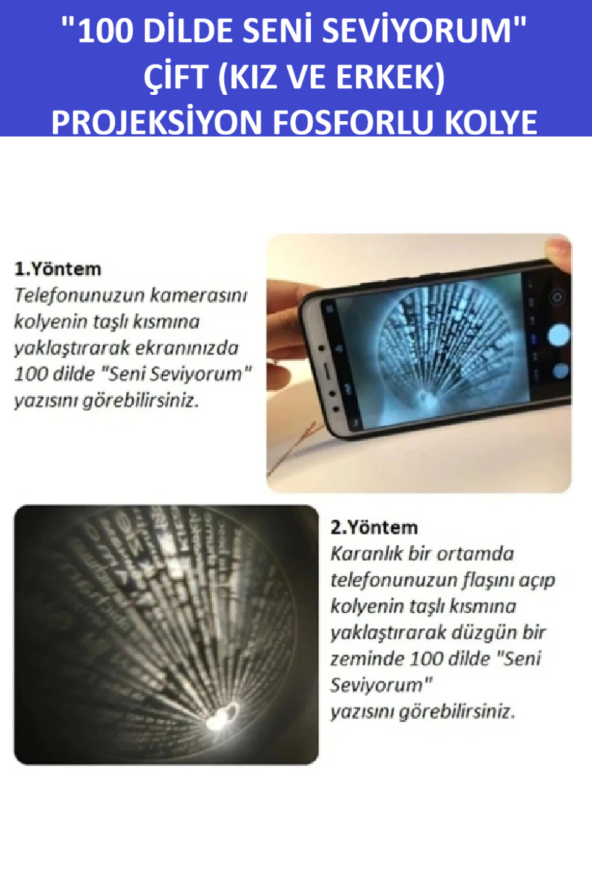 Zet Style “Eternal Light–100 Dilde Seni Seviyorum Sonsuz Aşk-Çift(Kız-Erkek) Projeksiyon Kolye - Görsel 7