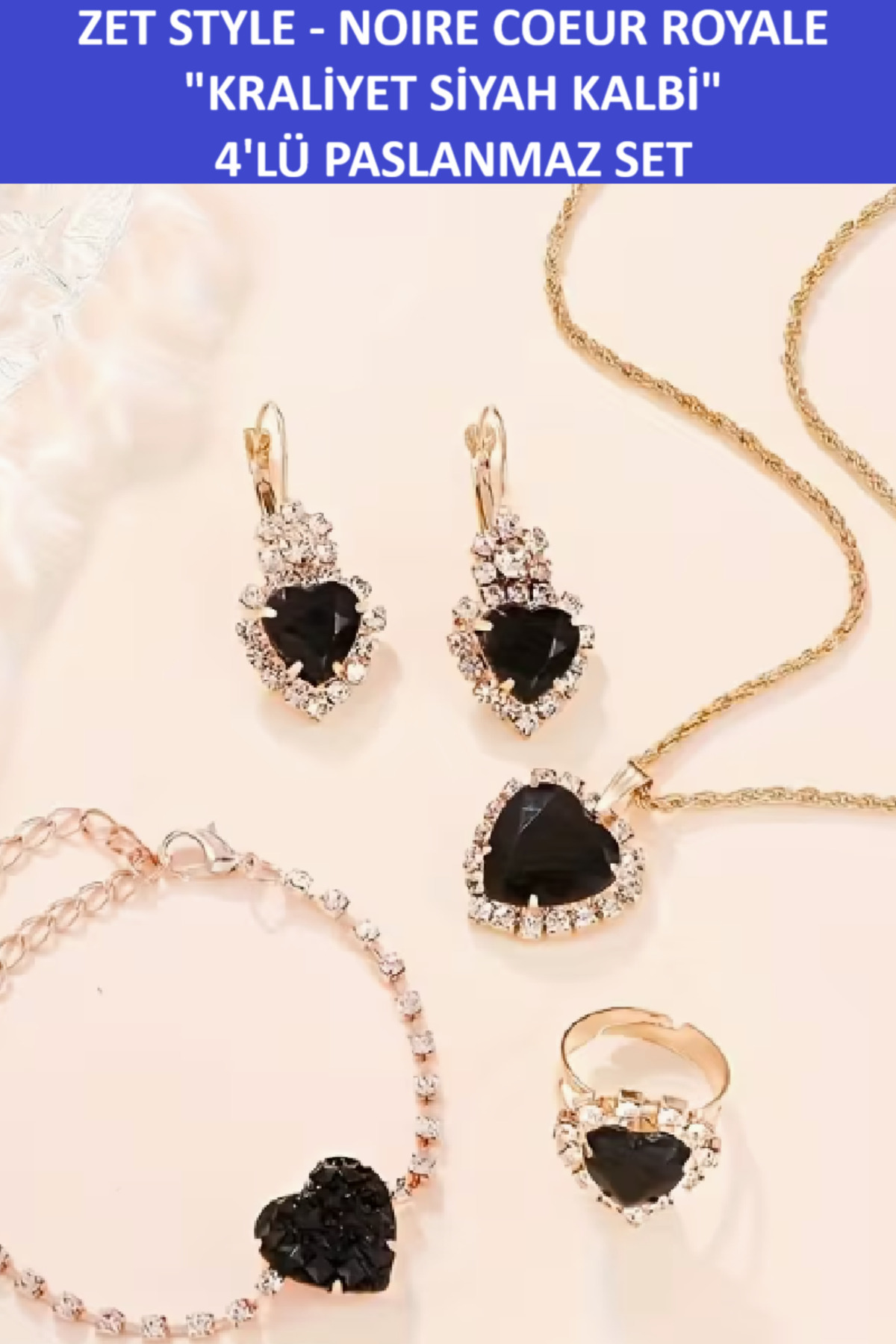 Zet Style “Noire Coeur Royale"-Kraliyet Siyah Kalbi 4'lü Set”–Kolye, Küpe, Bileklik, Yüzük - Hediye