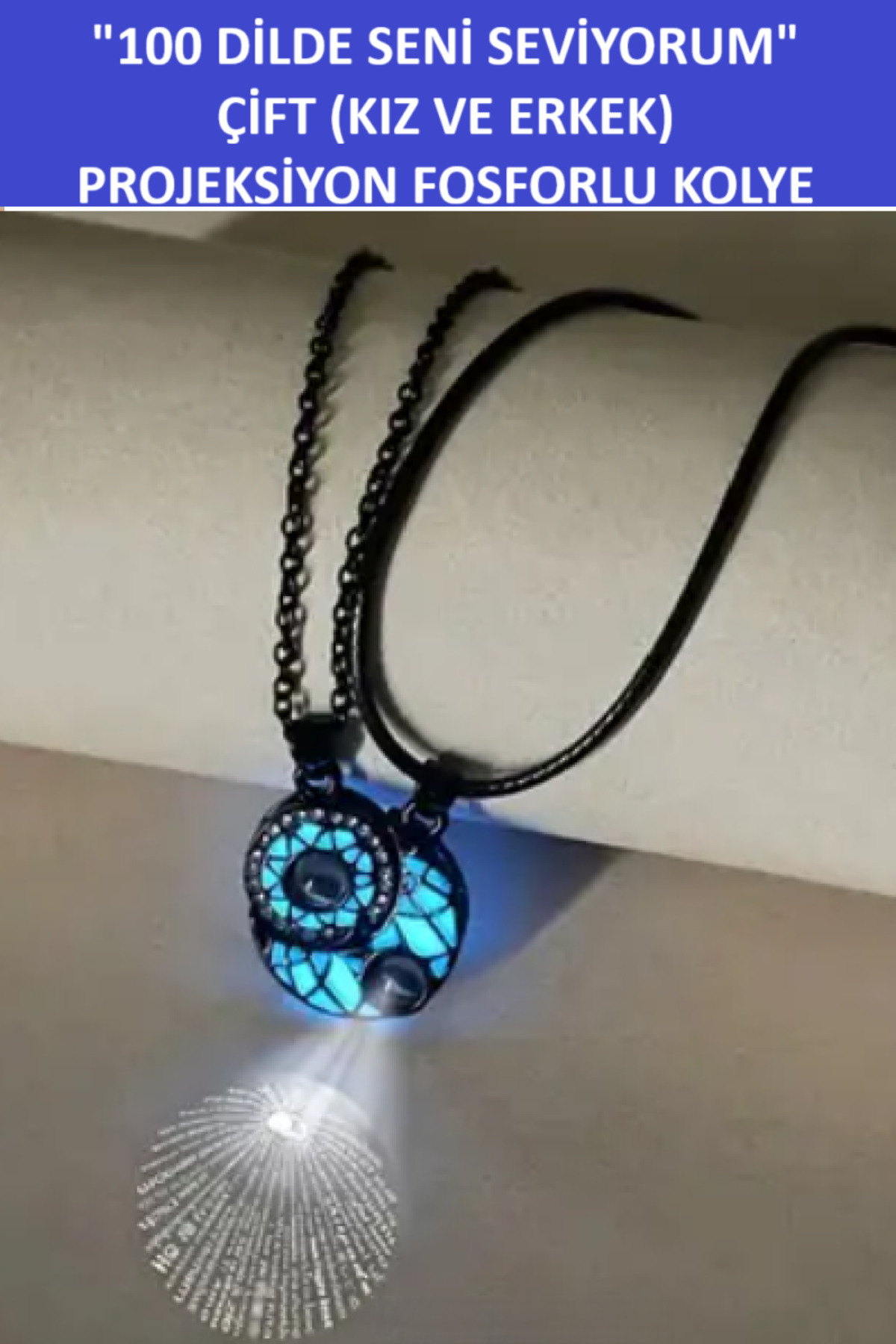 Zet Style “Eternal Light–100 Dilde Seni Seviyorum Sonsuz Aşk-Çift(Kız-Erkek) Projeksiyon Kolye - Görsel 3
