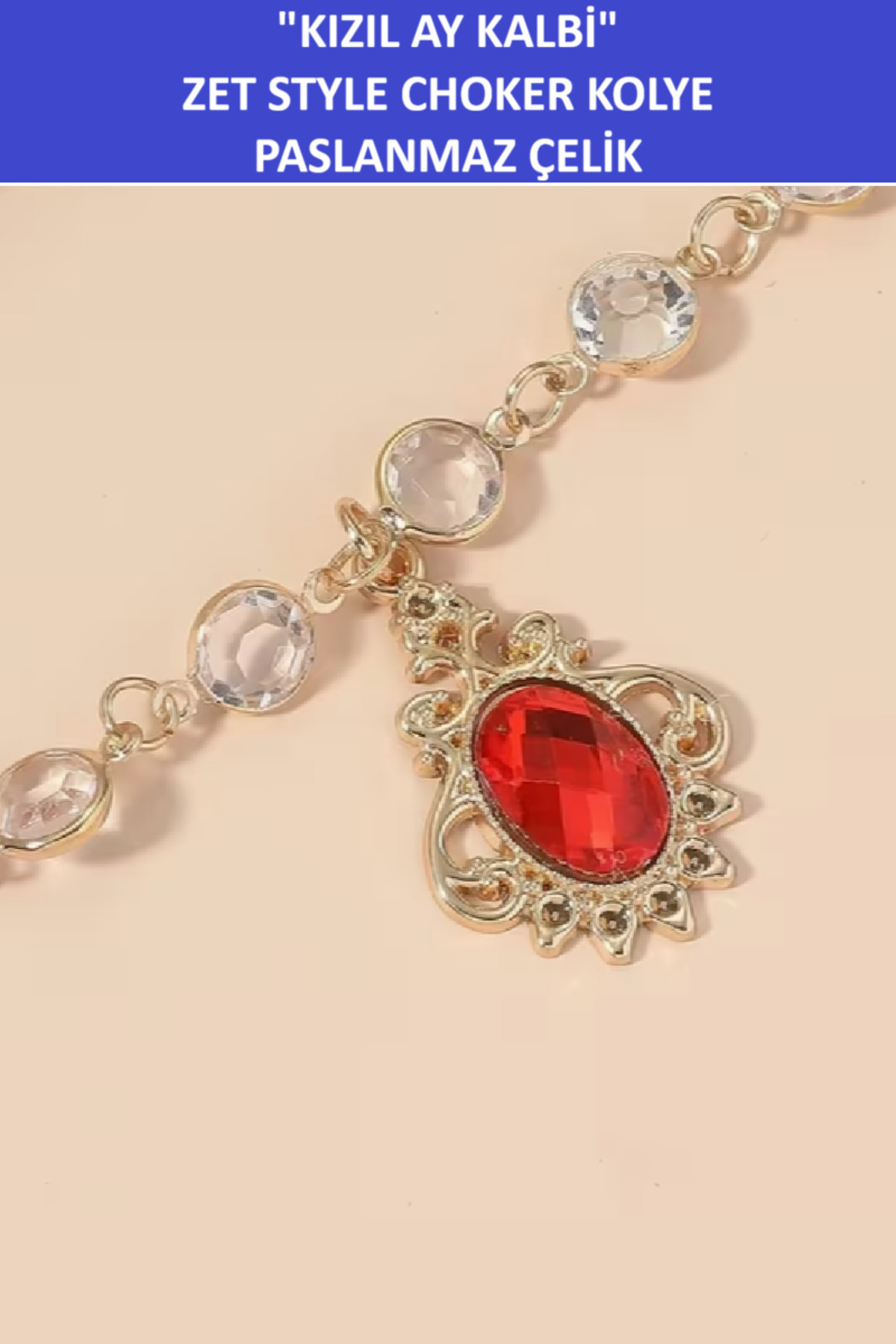 Zet Style ““Kızıl Ay Kalbi – Mistik Kristal Choker” Paslanmaz Çelik Kolye - Muhteşem bir Hediye - Görsel 2