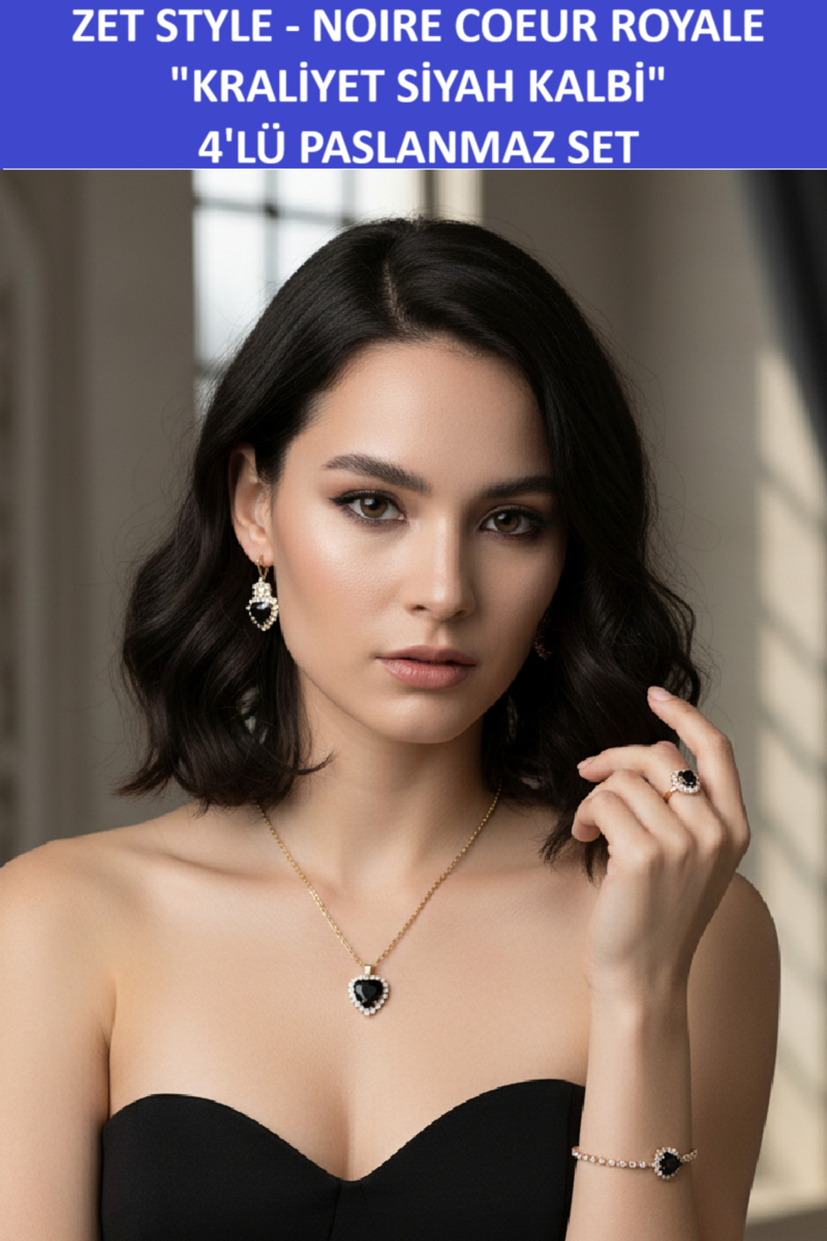 Zet Style “Noire Coeur Royale"-Kraliyet Siyah Kalbi 4'lü Set”–Kolye, Küpe, Bileklik, Yüzük - Hediye - Görsel 4