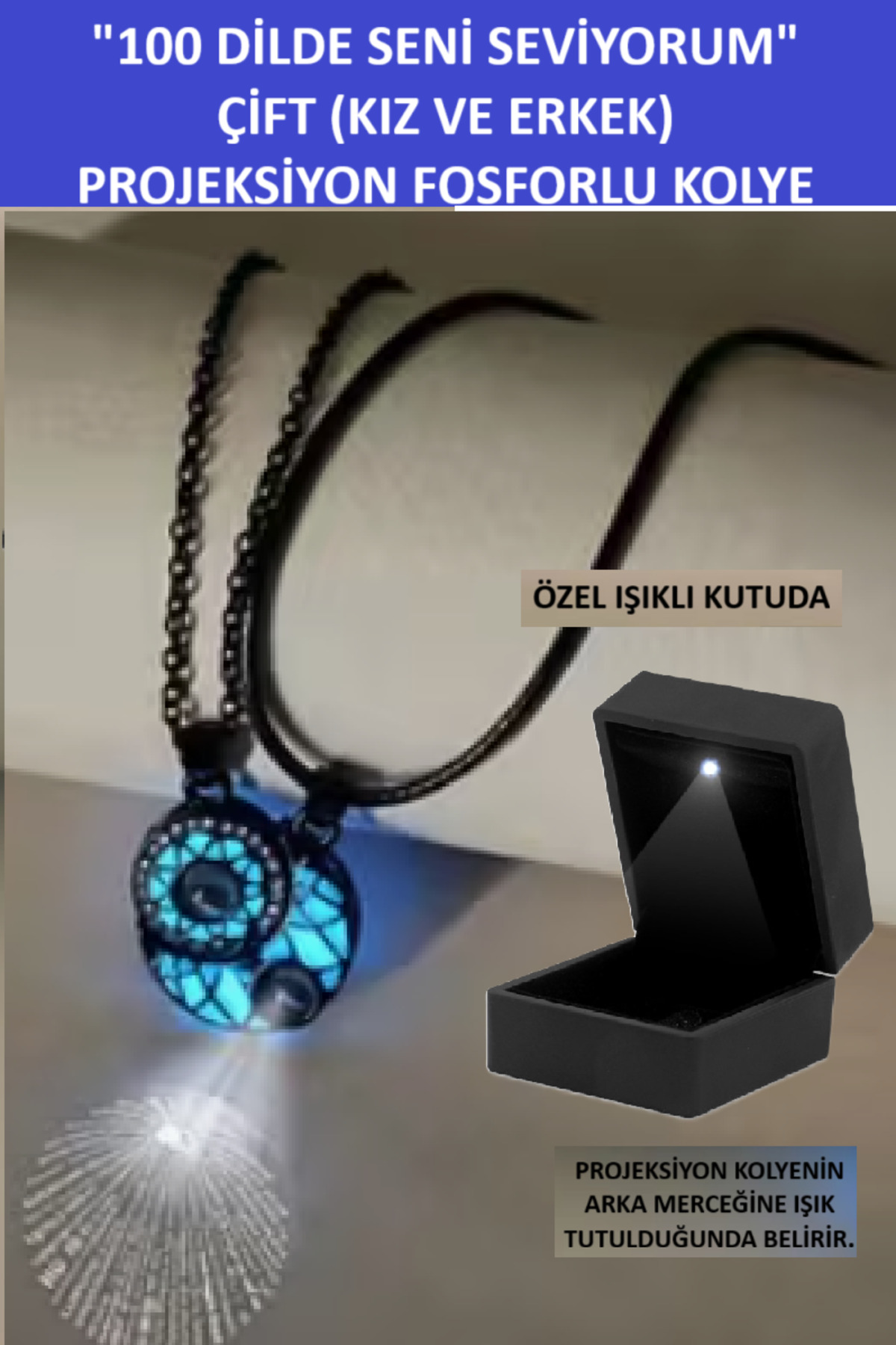 Zet Style “Eternal Light–100 Dilde Seni Seviyorum Sonsuz Aşk-Çift(Kız-Erkek) Projeksiyon Kolye