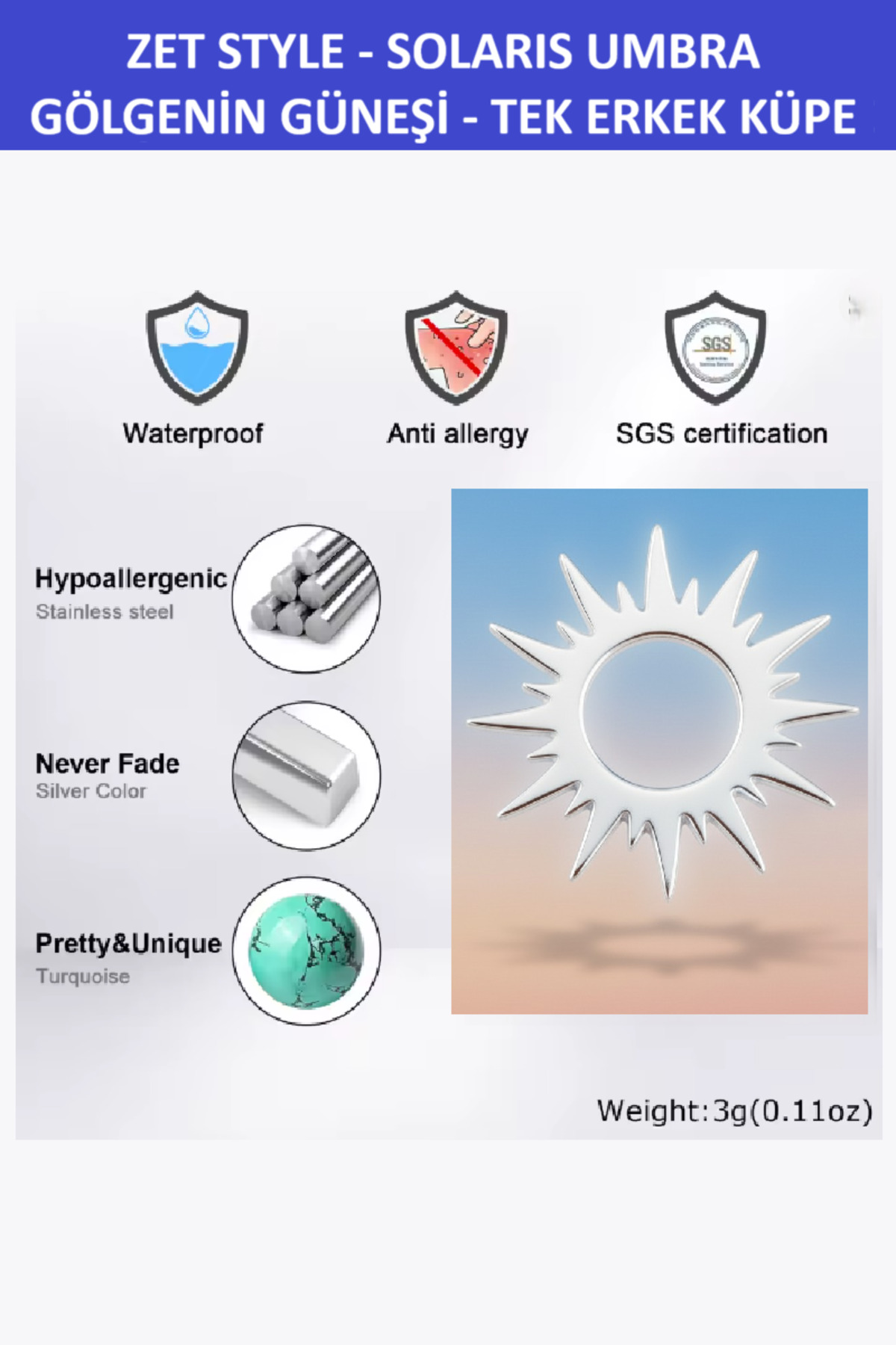 Zet Style – Solaris Umbra | Gölgenin Güneşi Tek Erkek Küpe - Paslanmaz Çelik - Görsel 5