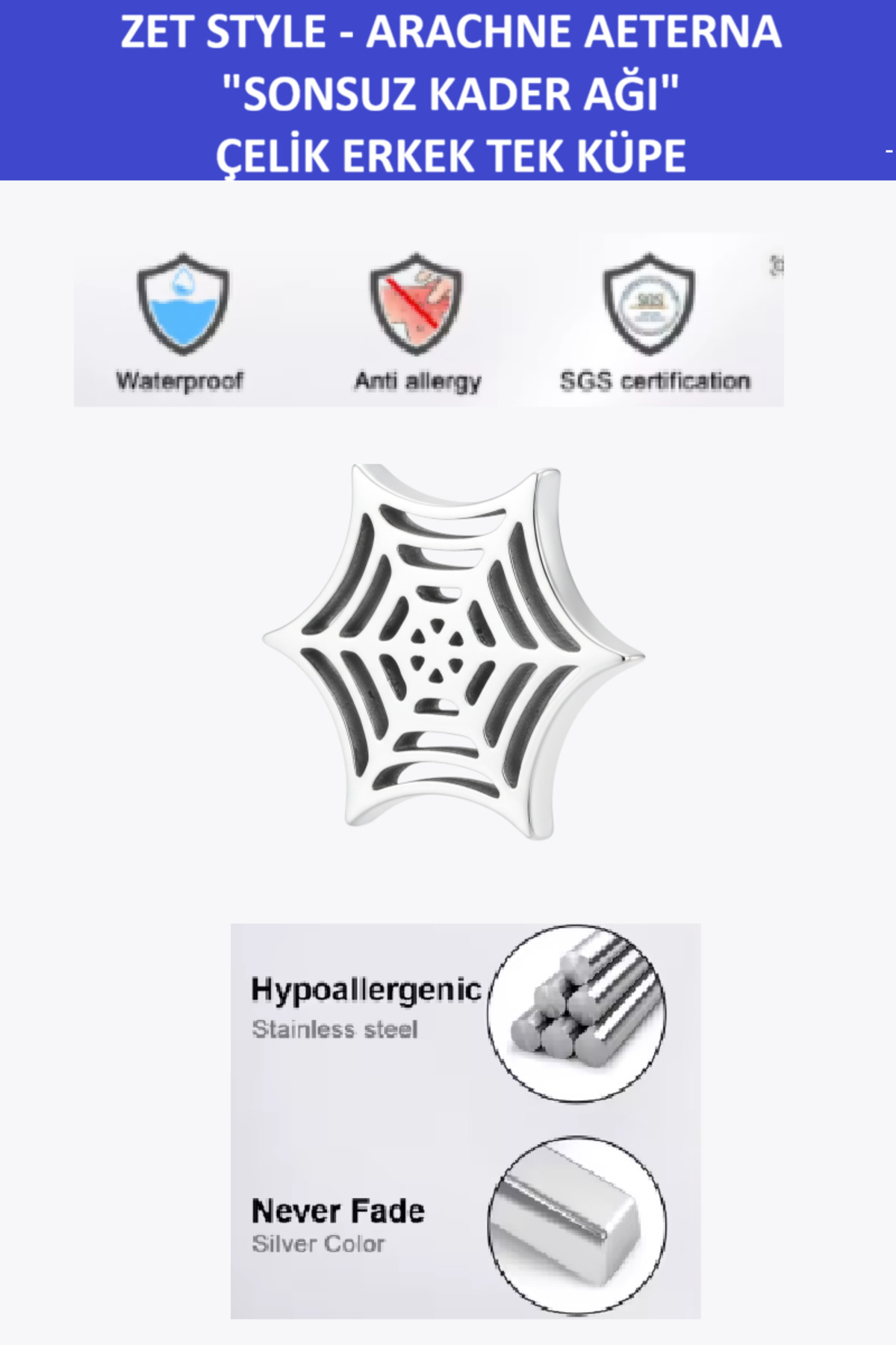 Zet Style – Arachne Aeterna | "Sonsuz Kader Ağı Küpesi" Tek Erkek Küpe - Paslanmaz Çelik - Görsel 5