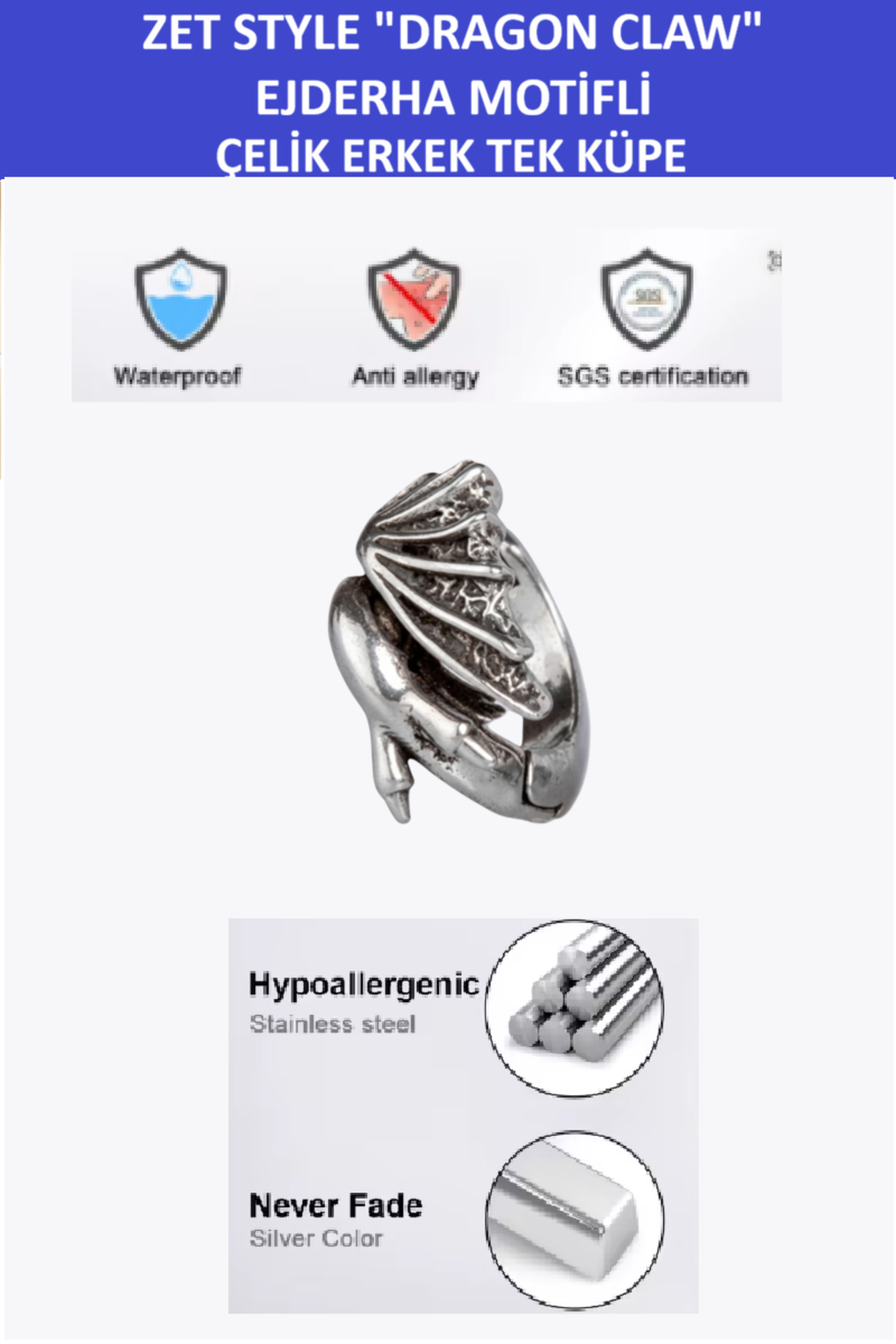 Zet Style Dragon Claw Ejderha Motifli Tek Erkek Küpe - Paslanmaz Çelik - Görsel 5